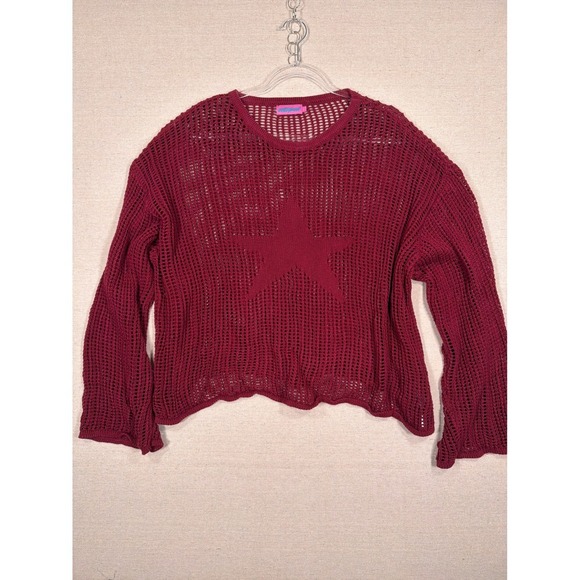 Edikted Sweaters - Edikted Burgundy Red Star Open Knit Mesh Cotton Sweater Large Relaxed Boho